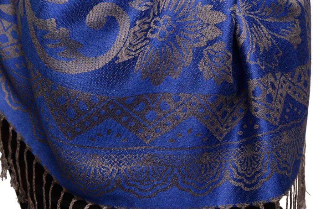 Liss Kiss Large Paisley & Roses On Persian Blue Pashmina With Tassels - Scarf