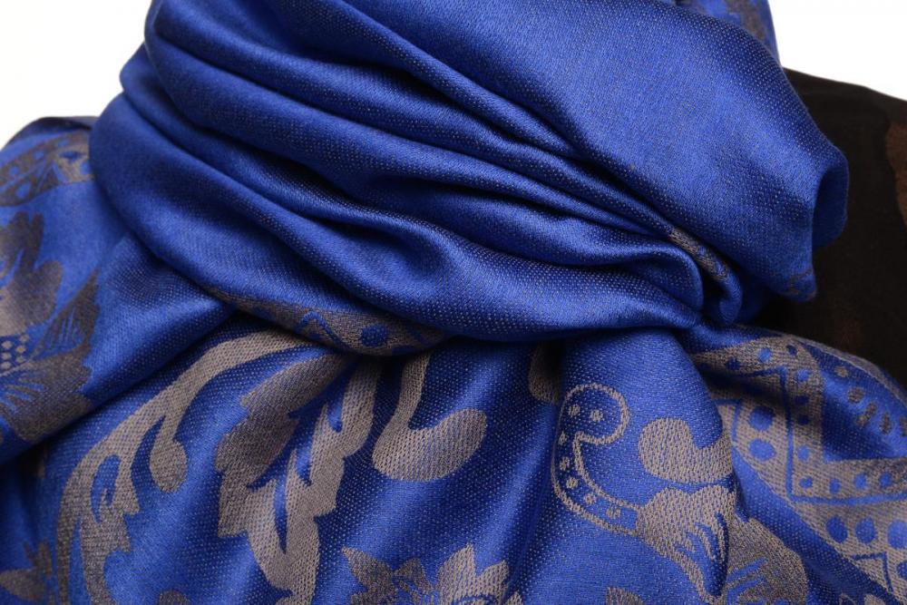 Liss Kiss Large Paisley & Roses On Persian Blue Pashmina With Tassels - Scarf