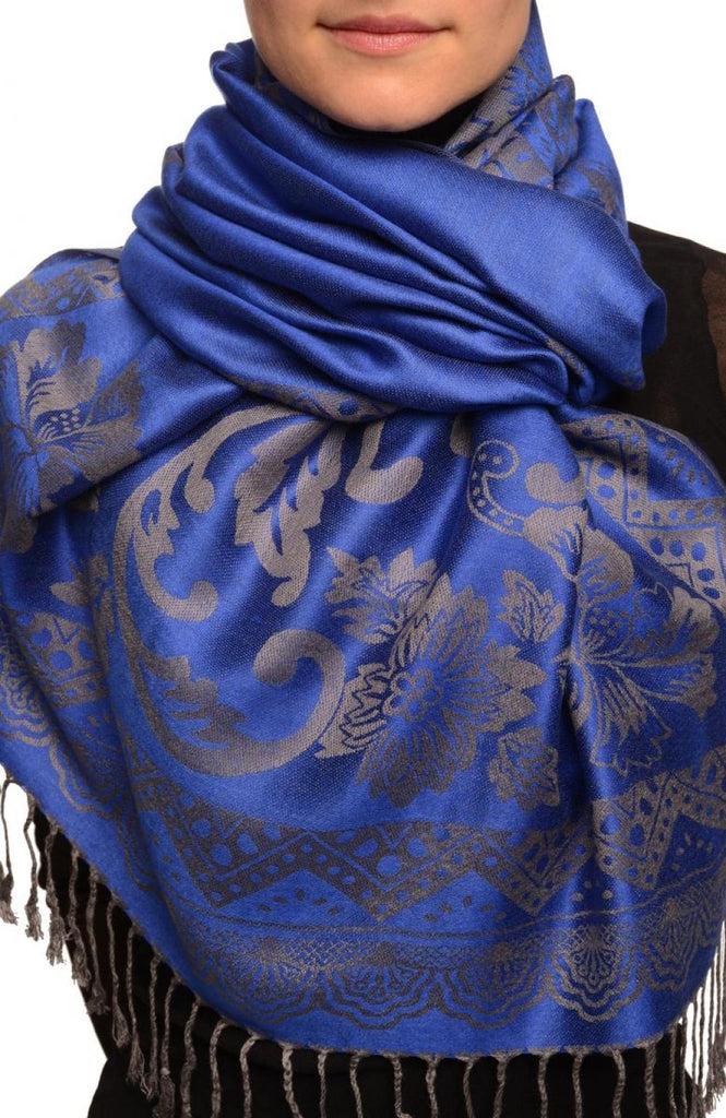 liss kiss Large Paisley & Roses On Persian Blue Pashmina With Tassels - Scarf