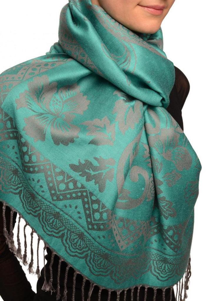 Liss Kiss Large Paisley & Roses On Pine Green Pashmina With Tassels - Scarf
