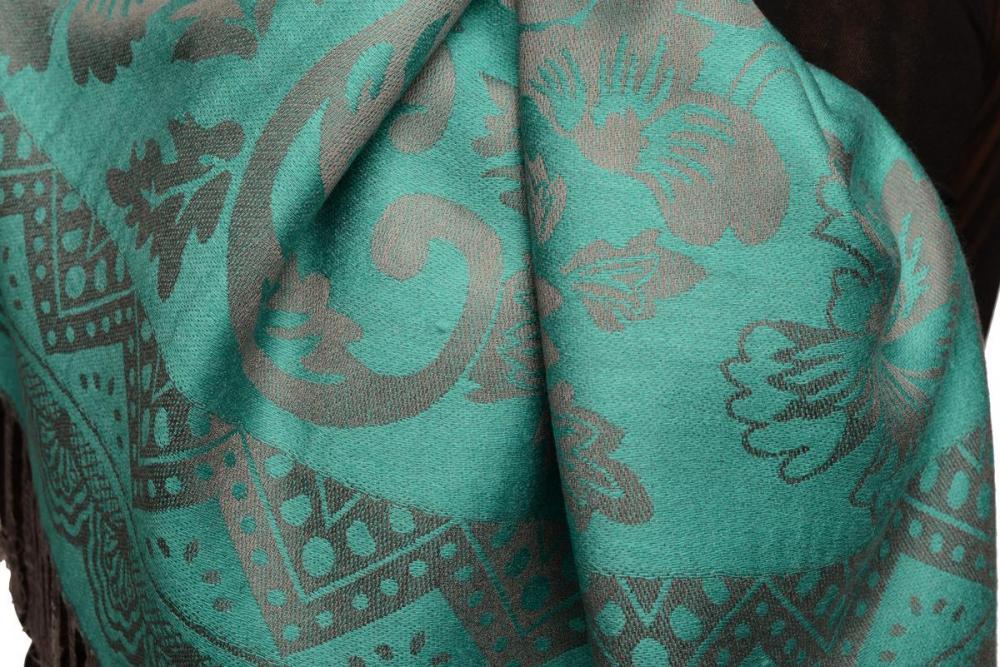 Liss Kiss Large Paisley & Roses On Pine Green Pashmina With Tassels - Scarf