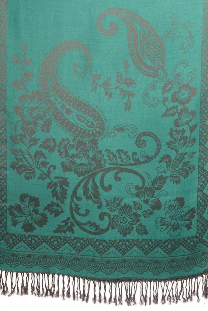Liss Kiss Large Paisley & Roses On Pine Green Pashmina With Tassels - Scarf