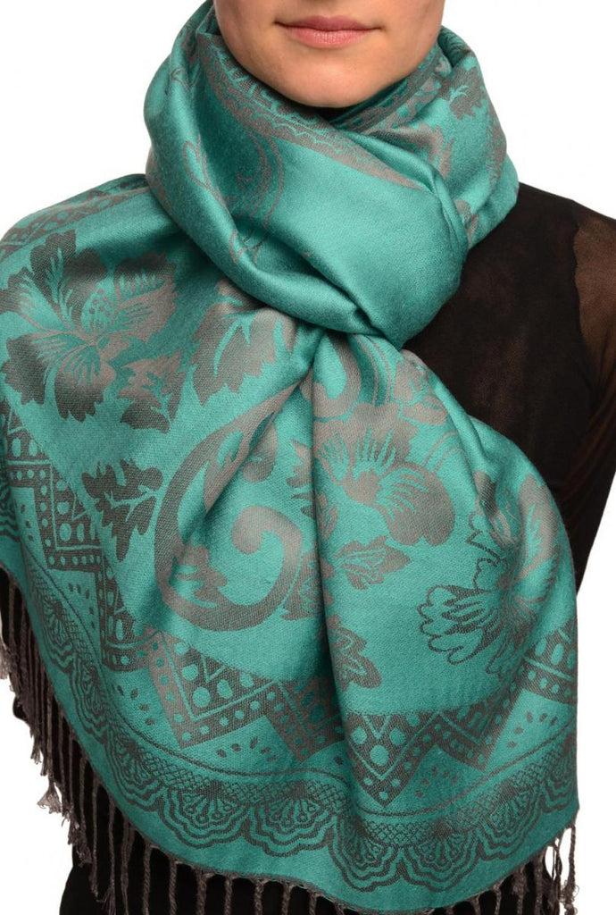 liss kiss Large Paisley & Roses On Pine Green Pashmina With Tassels - Scarf