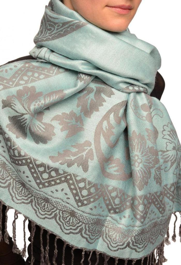 Liss Kiss Large Paisley & Roses On Powder Blue Pashmina With Tassels - Scarf