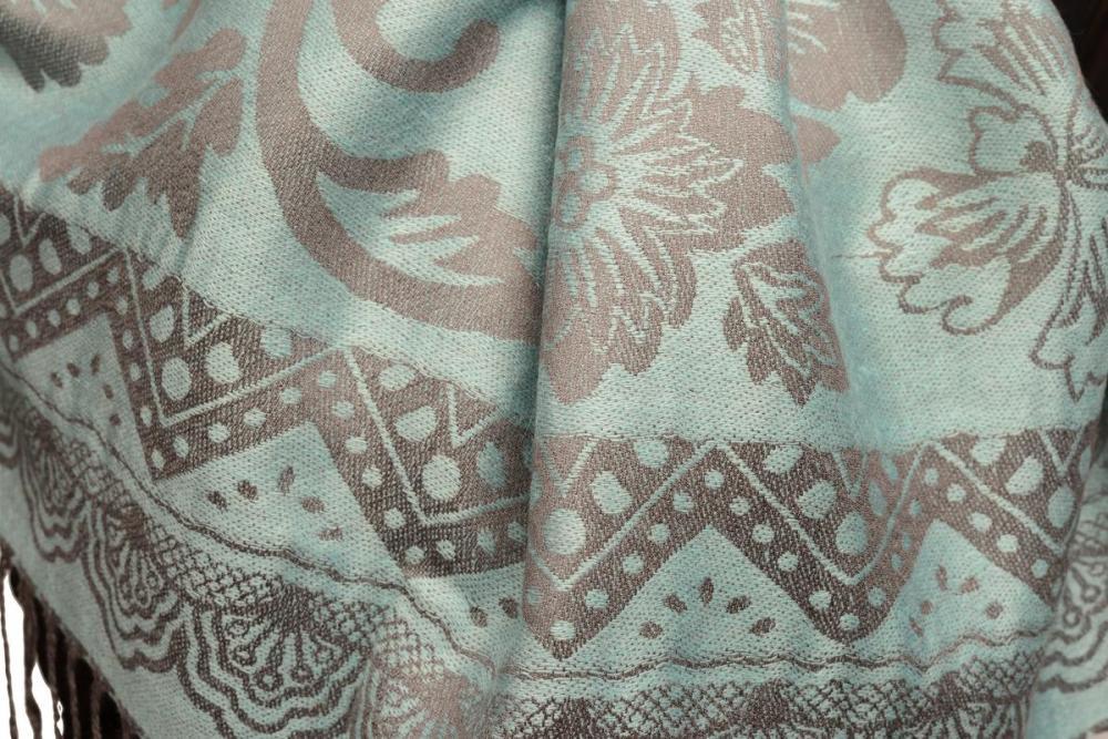 Liss Kiss Large Paisley & Roses On Powder Blue Pashmina With Tassels - Scarf
