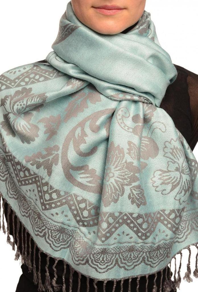 liss kiss Large Paisley & Roses On Powder Blue Pashmina With Tassels - Scarf