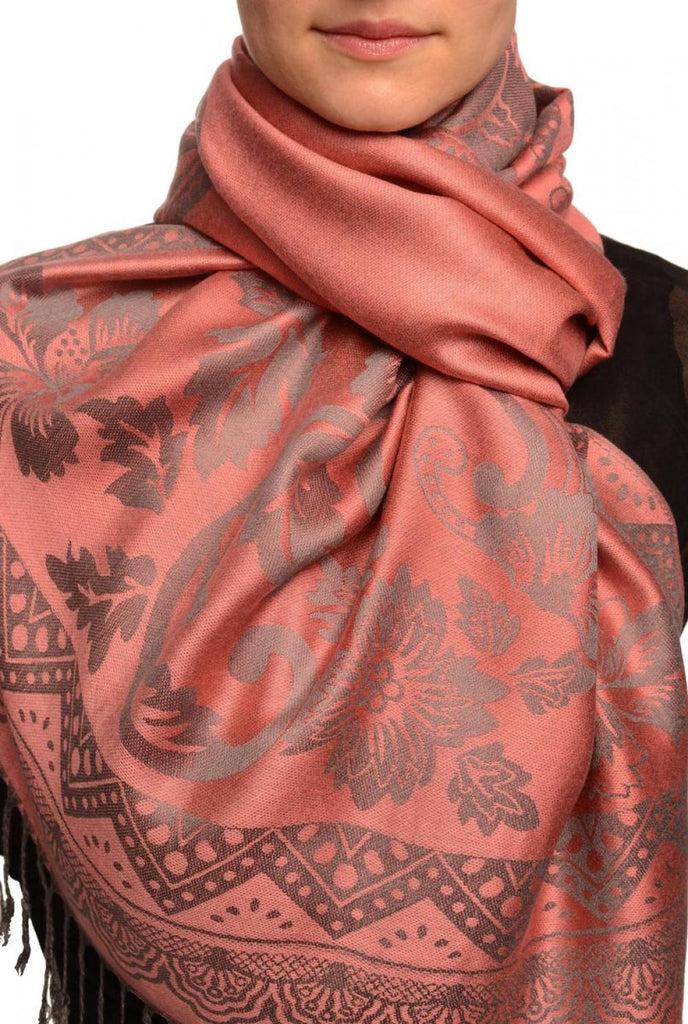 liss kiss Large Paisley & Roses On Puce Pink Pashmina With Tassels - Scarf