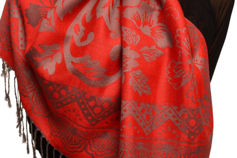 Liss Kiss Large Paisley & Roses On Red Pashmina With Tassels - Scarf