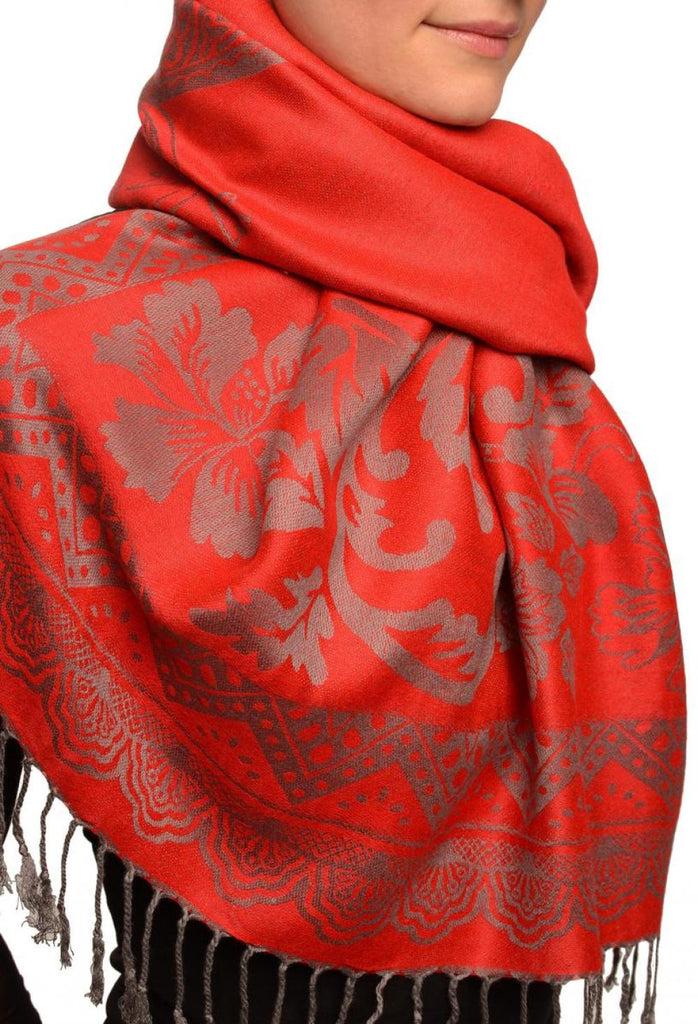 Liss Kiss Large Paisley & Roses On Red Pashmina With Tassels - Scarf