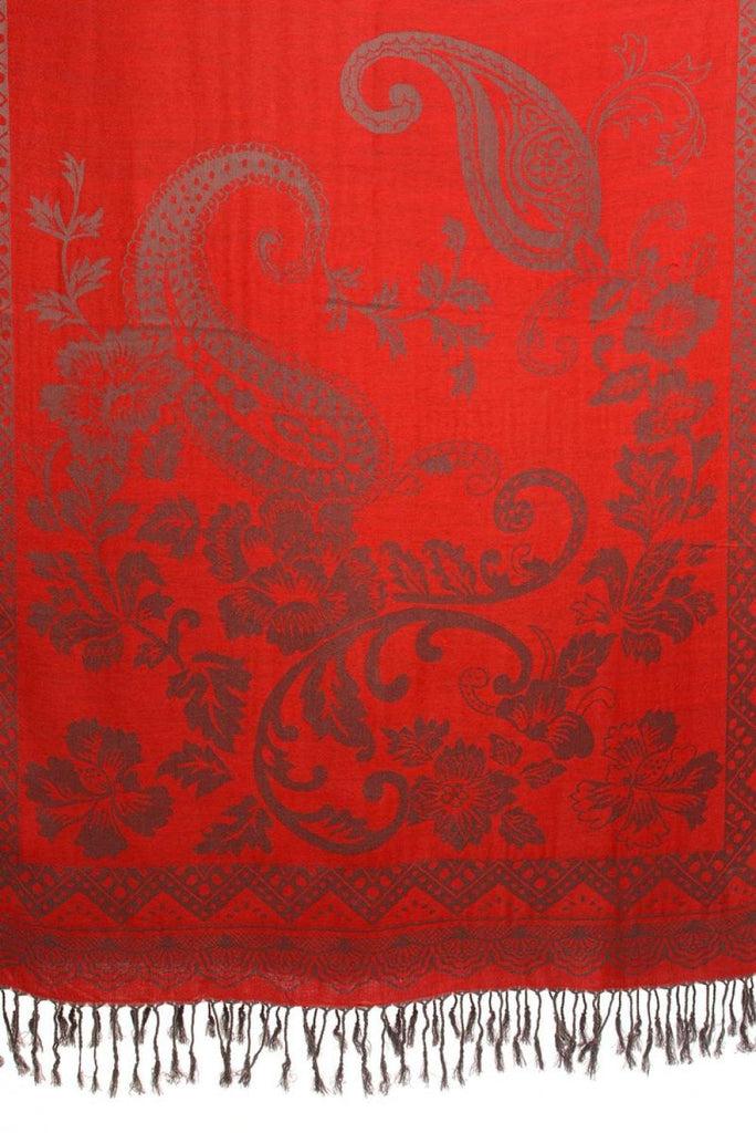 Liss Kiss Large Paisley & Roses On Red Pashmina With Tassels - Scarf