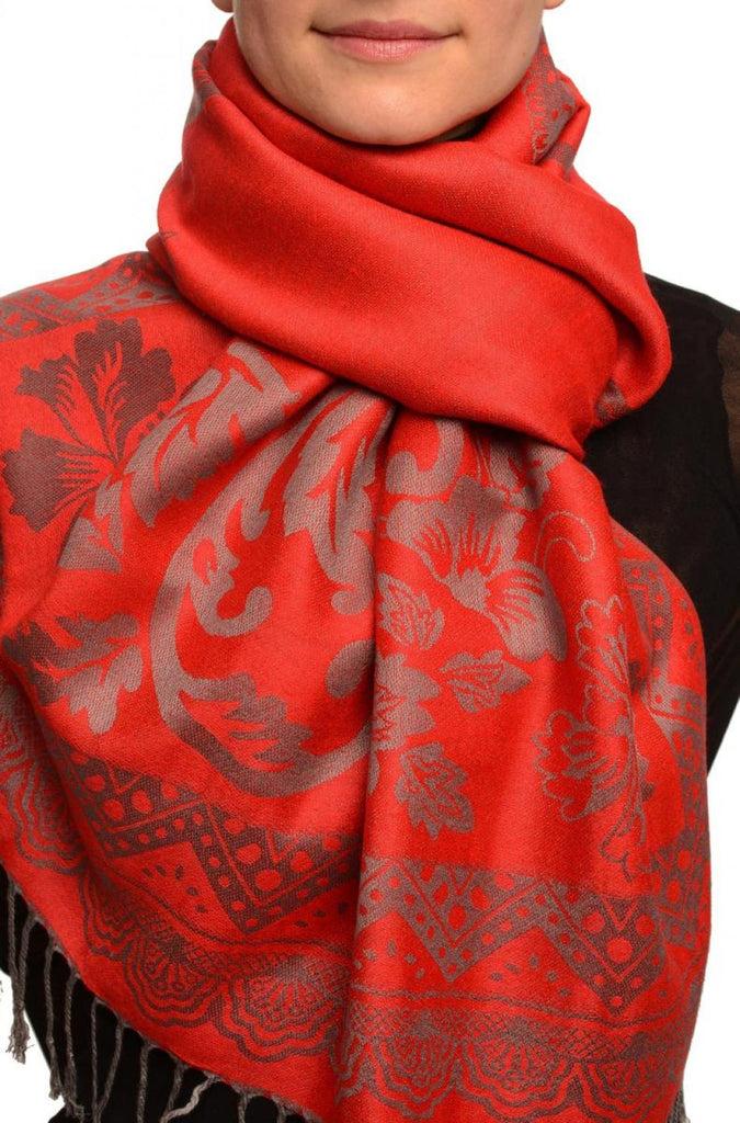 liss kiss Large Paisley & Roses On Red Pashmina With Tassels - Scarf
