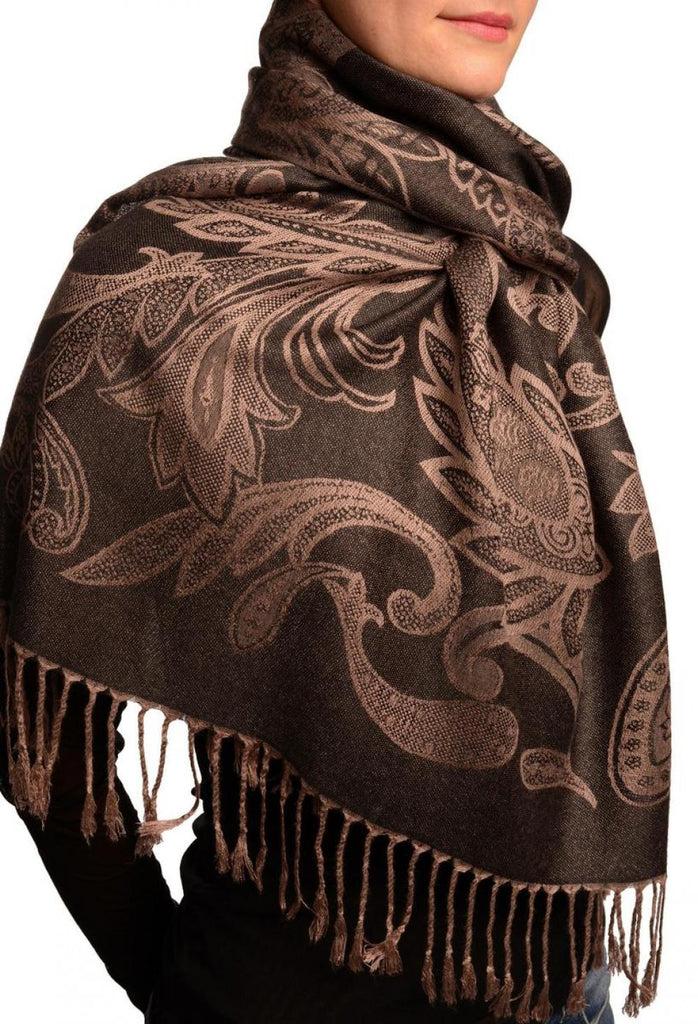 Liss Kiss Large Paisleys On Brown Black Pashmina Feel With Tassels - Scarf