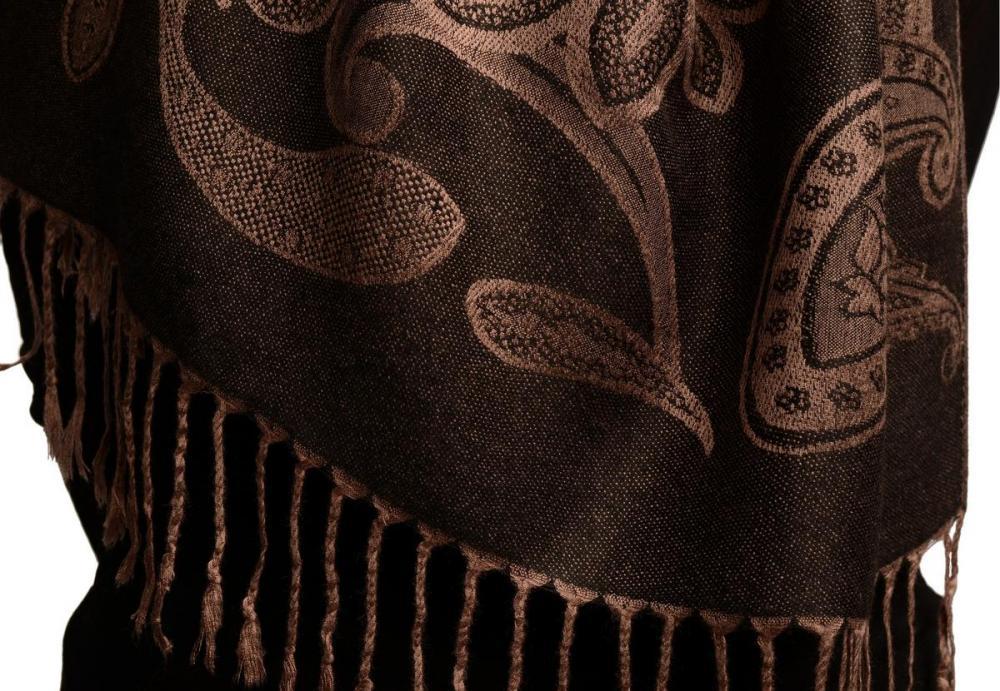 Liss Kiss Large Paisleys On Brown Black Pashmina Feel With Tassels - Scarf