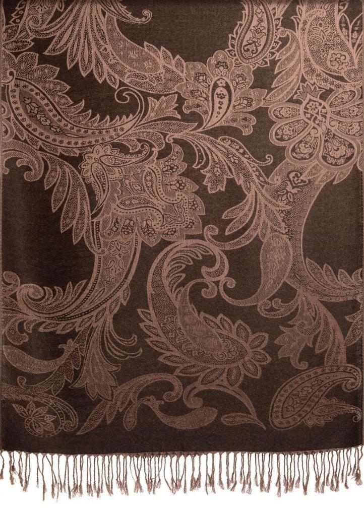 Liss Kiss Large Paisleys On Brown Black Pashmina Feel With Tassels - Scarf