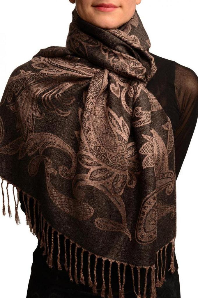 liss kiss Large Paisleys On Brown Black Pashmina Feel With Tassels - Scarf