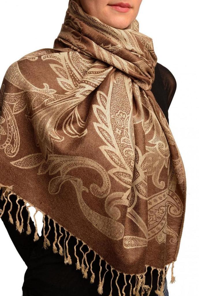 Liss Kiss Large Paisleys On Brown Pashmina Feel With Tassels - Scarf