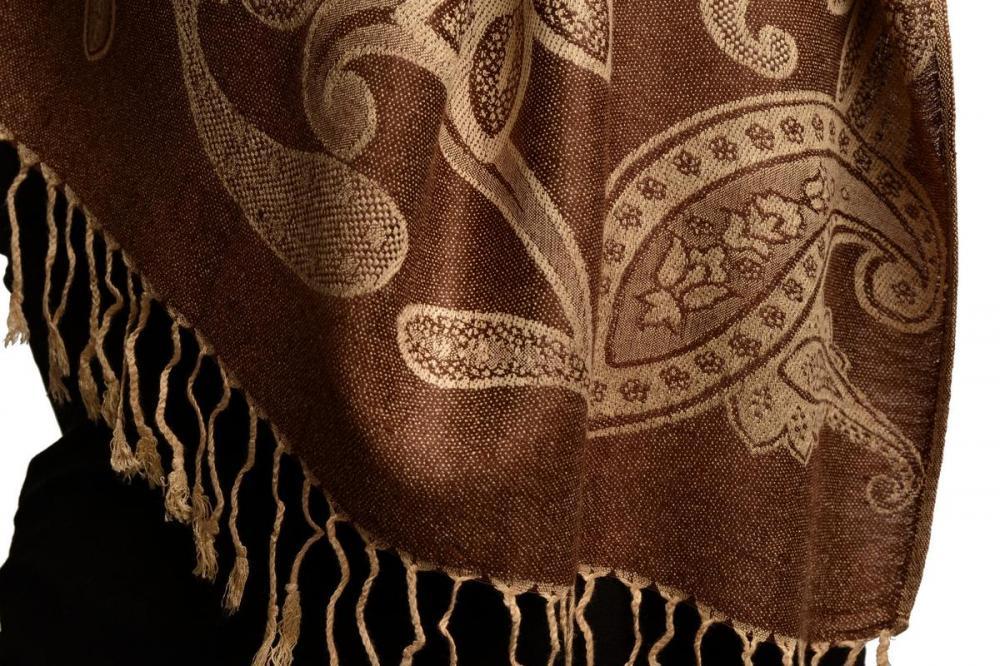Liss Kiss Large Paisleys On Brown Pashmina Feel With Tassels - Scarf