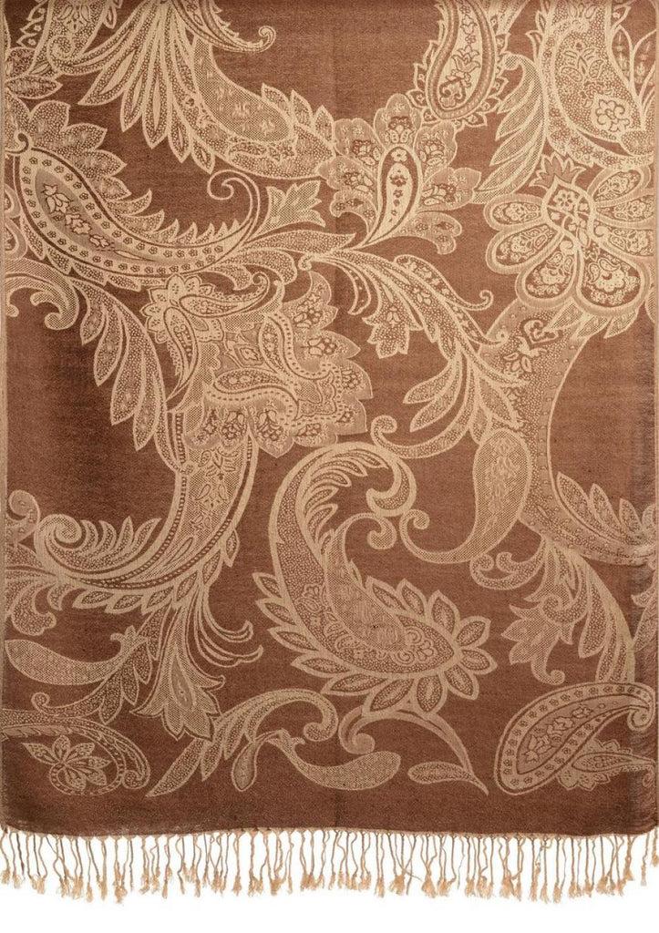 Liss Kiss Large Paisleys On Brown Pashmina Feel With Tassels - Scarf