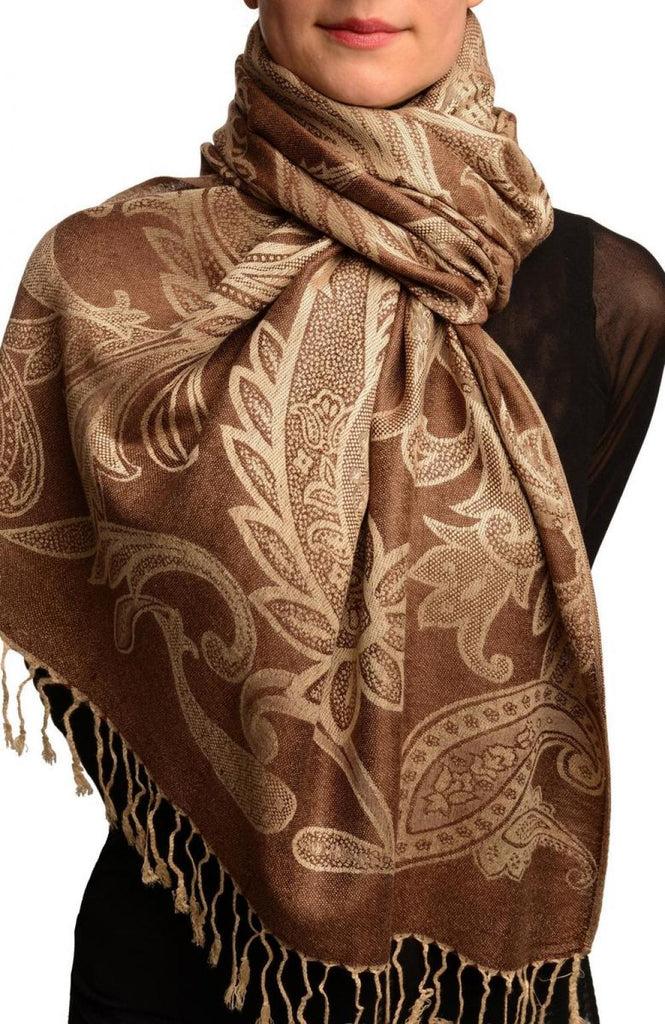 liss kiss Large Paisleys On Brown Pashmina Feel With Tassels - Scarf