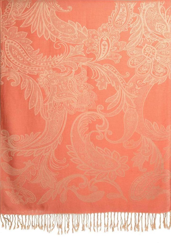 Liss Kiss Large Paisleys On Coral Pink Pashmina Feel With Tassels - Scarf