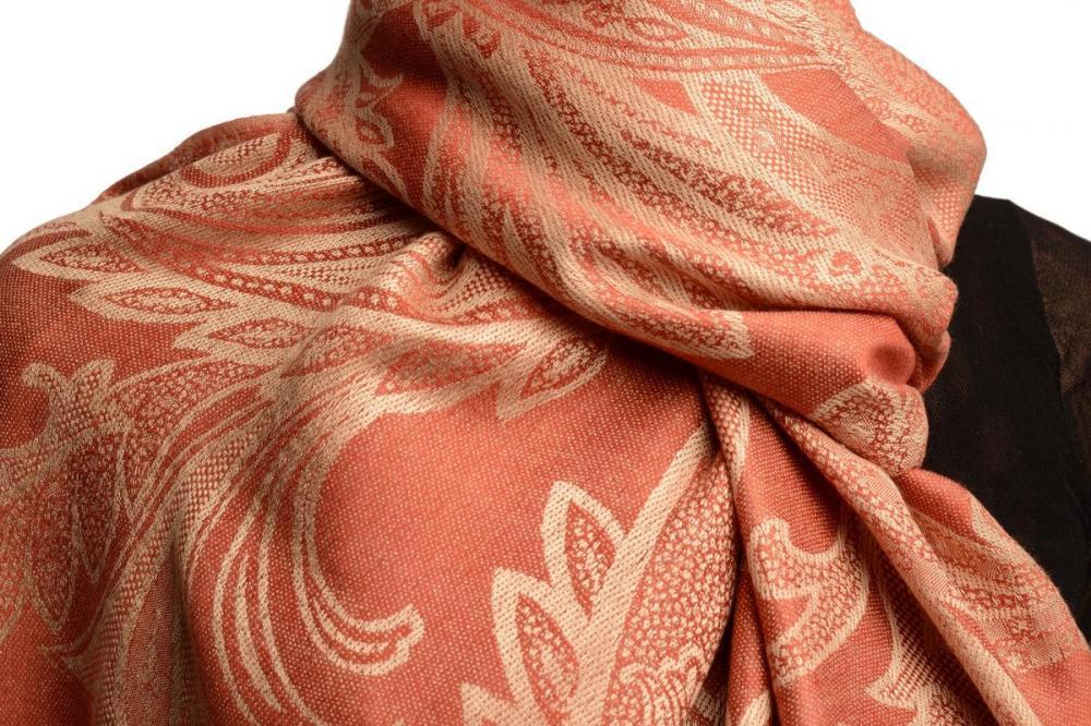 Liss Kiss Large Paisleys On Coral Pink Pashmina Feel With Tassels - Scarf