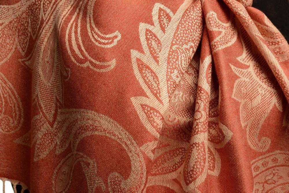 Liss Kiss Large Paisleys On Coral Pink Pashmina Feel With Tassels - Scarf