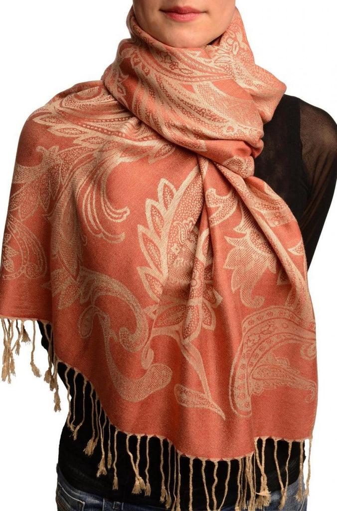 liss kiss Large Paisleys On Coral Pink Pashmina Feel With Tassels - Scarf