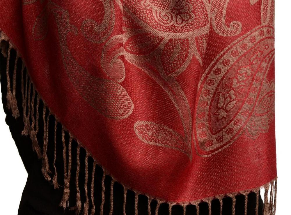 Liss Kiss Large Paisleys On Dark Red Pashmina Feel With Tassels - Scarf