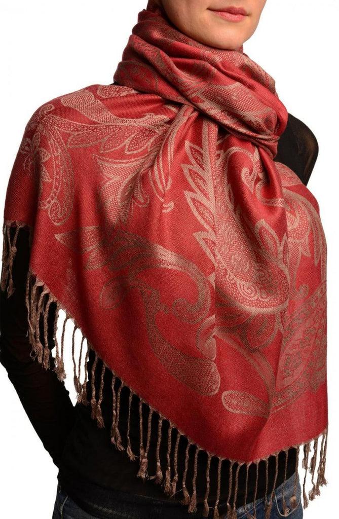 Liss Kiss Large Paisleys On Dark Red Pashmina Feel With Tassels - Scarf