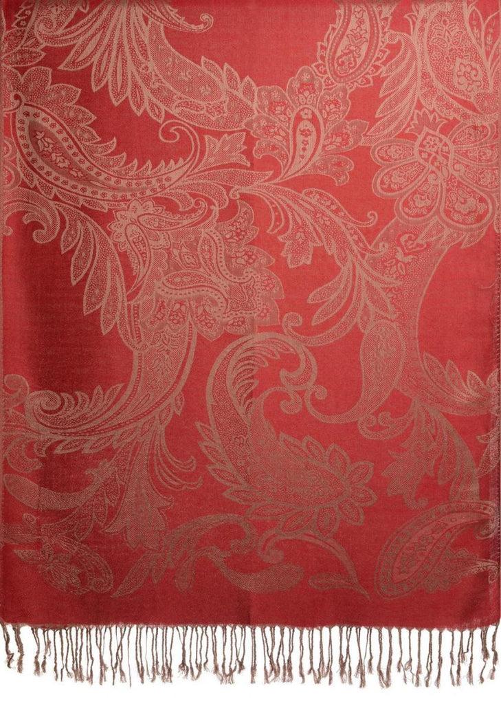 Liss Kiss Large Paisleys On Dark Red Pashmina Feel With Tassels - Scarf