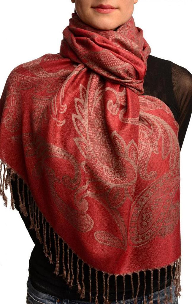 liss kiss Large Paisleys On Dark Red Pashmina Feel With Tassels - Scarf