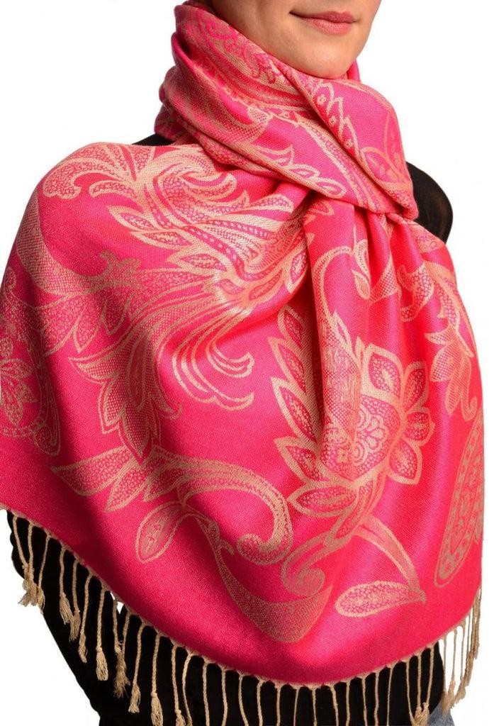 Liss Kiss Large Paisleys On Fuchsia Pink Pashmina Feel With Tassels - Scarf