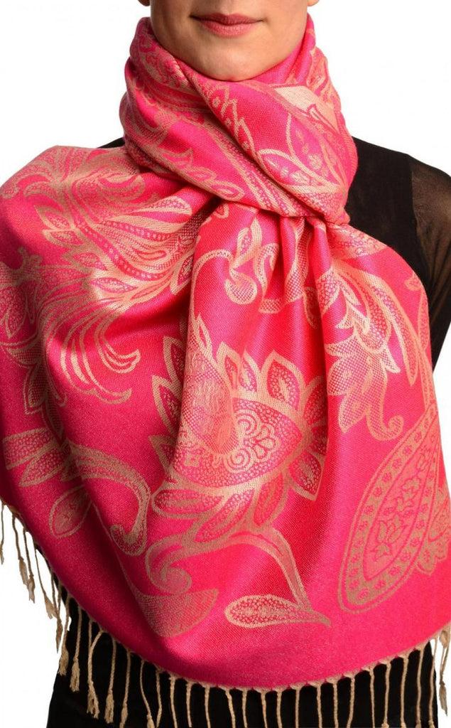 liss kiss Large Paisleys On Fuchsia Pink Pashmina Feel With Tassels - Scarf