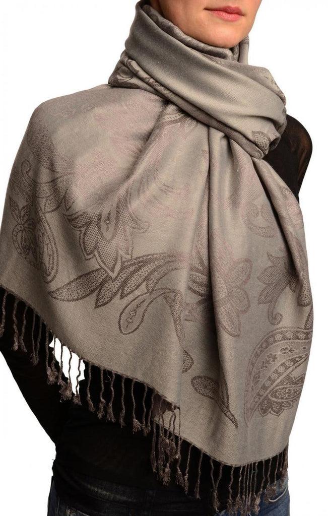 Liss Kiss Large Paisleys On Grey Pashmina Feel With Tassels - Scarf