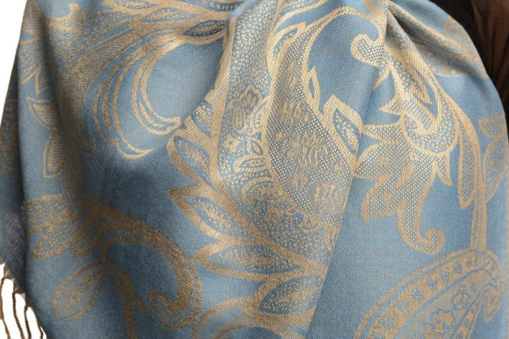 Liss Kiss Large Paisleys On Light Blue Pashmina Feel With Tassels - Scarf