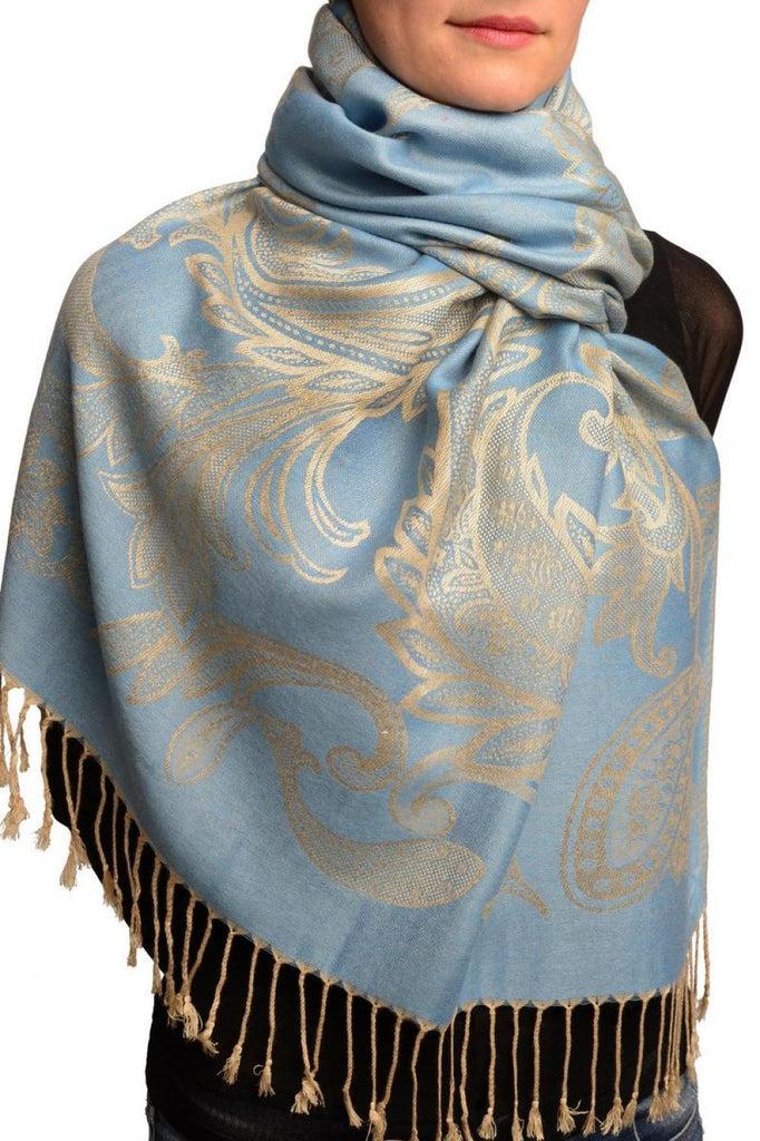 Liss Kiss Large Paisleys On Light Blue Pashmina Feel With Tassels - Scarf