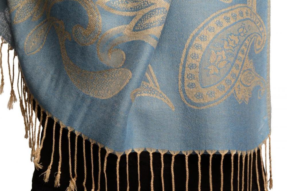 Liss Kiss Large Paisleys On Light Blue Pashmina Feel With Tassels - Scarf