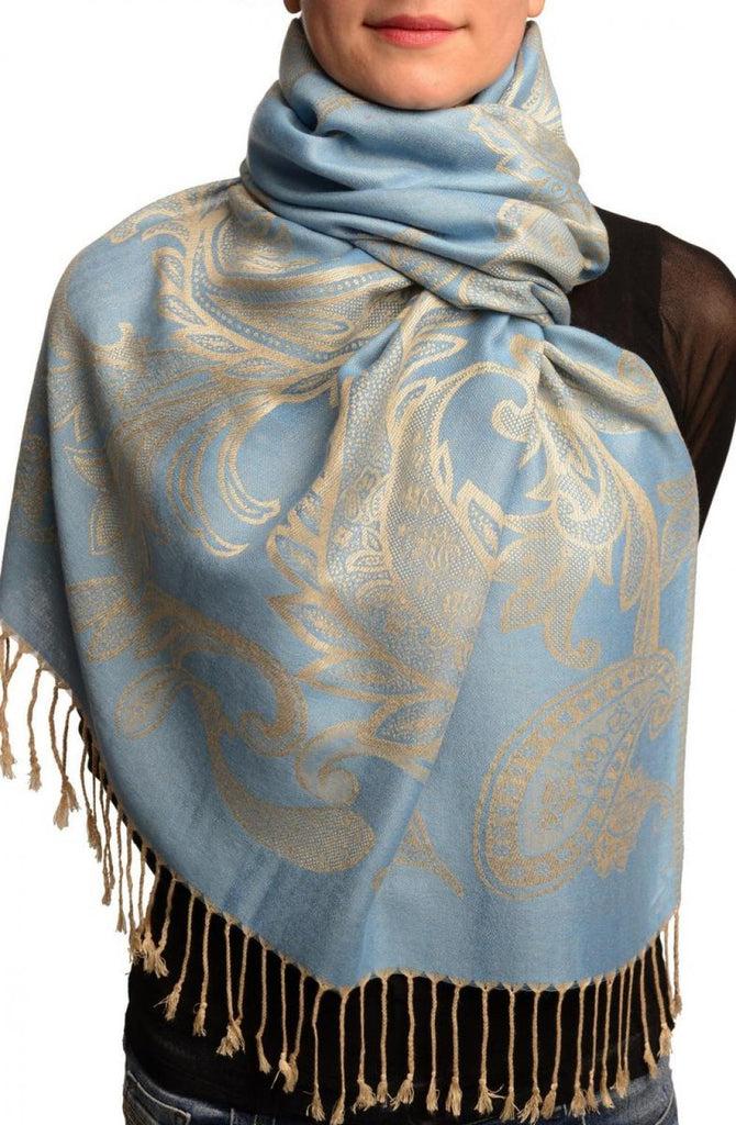 liss kiss Large Paisleys On Light Blue Pashmina Feel With Tassels - Scarf