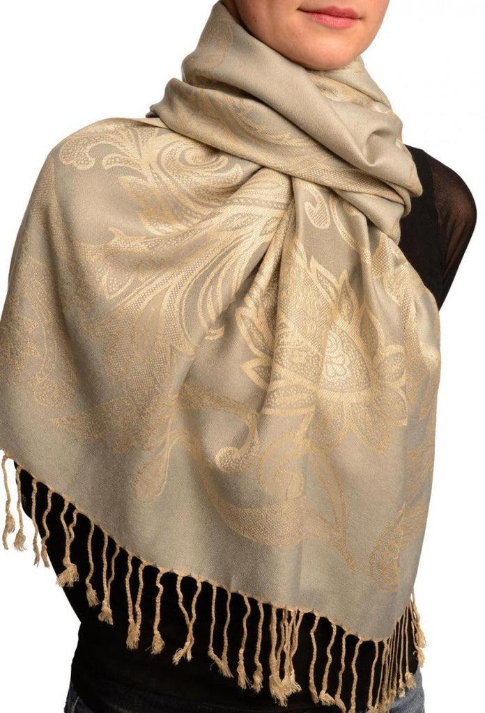Liss Kiss Large Paisleys On Light Grey Pashmina Feel With Tassels - Scarf