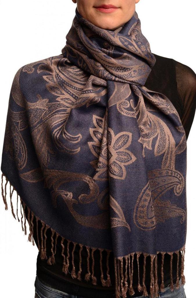 liss kiss Large Paisleys On Midnight Blue Pashmina Feel With Tassels - Scarf