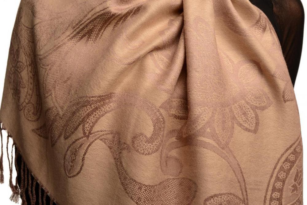 Liss Kiss Large Paisleys On Peanut Brown Pashmina Feel With Tassels - Scarf