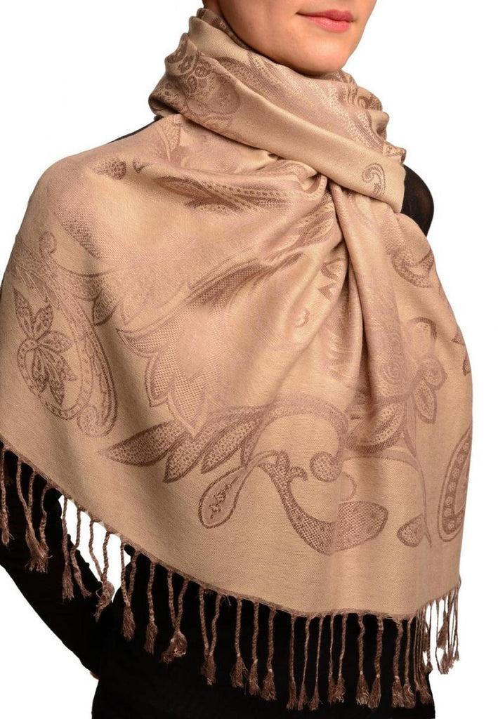 Liss Kiss Large Paisleys On Peanut Brown Pashmina Feel With Tassels - Scarf