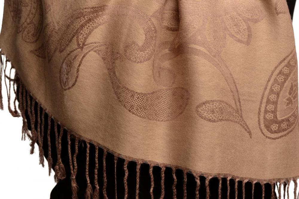 Liss Kiss Large Paisleys On Peanut Brown Pashmina Feel With Tassels - Scarf