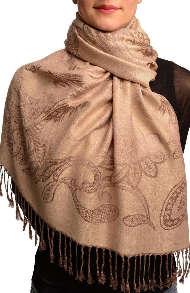 liss kiss Large Paisleys On Peanut Brown Pashmina Feel With Tassels - Scarf
