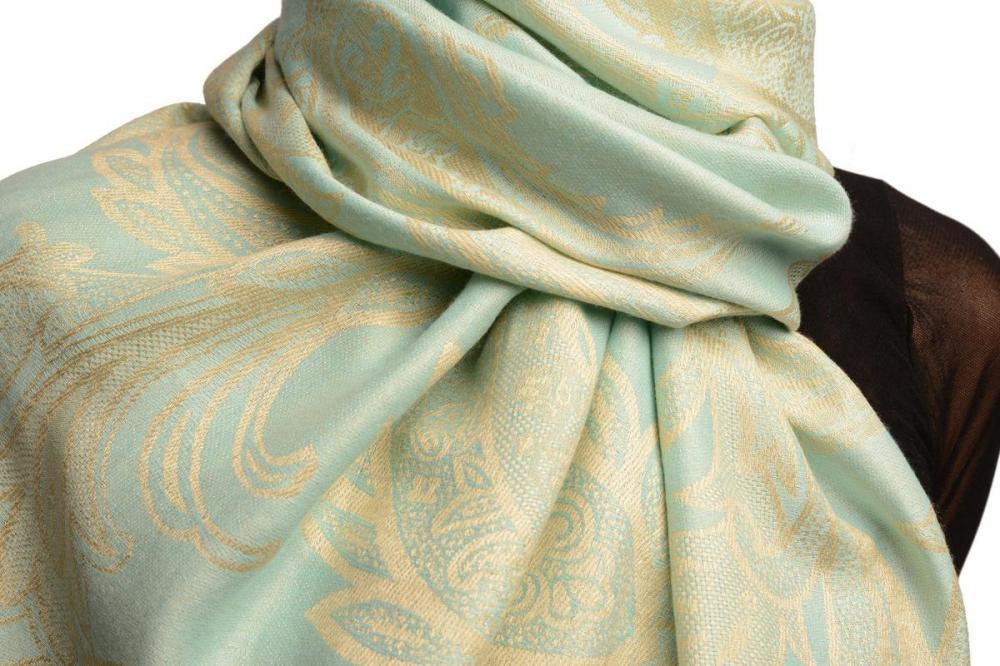 Liss Kiss Large Paisleys On Powder Blue Pashmina Feel With Tassels - Scarf