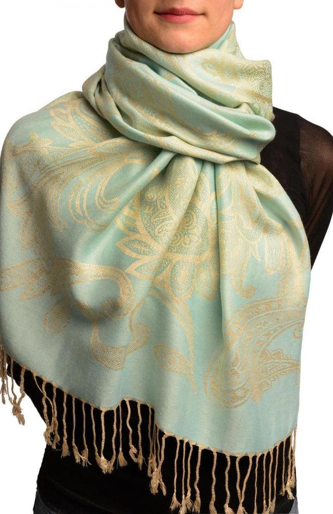 liss kiss Large Paisleys On Powder Blue Pashmina Feel With Tassels - Scarf