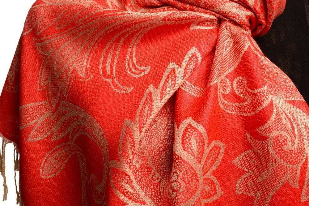 Liss Kiss Large Paisleys On Red Pashmina Feel With Tassels - Scarf