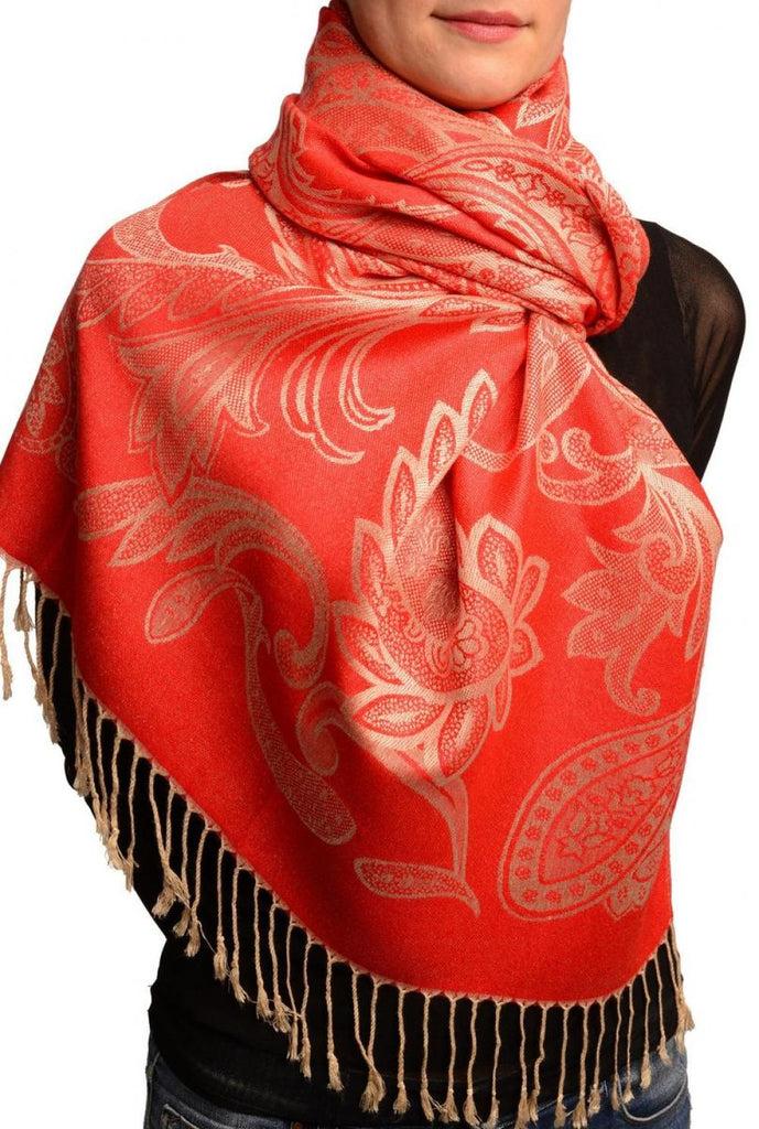 Liss Kiss Large Paisleys On Red Pashmina Feel With Tassels - Scarf