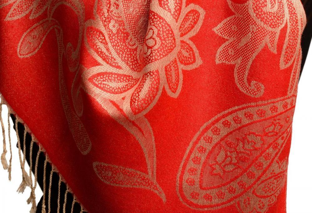 Liss Kiss Large Paisleys On Red Pashmina Feel With Tassels - Scarf