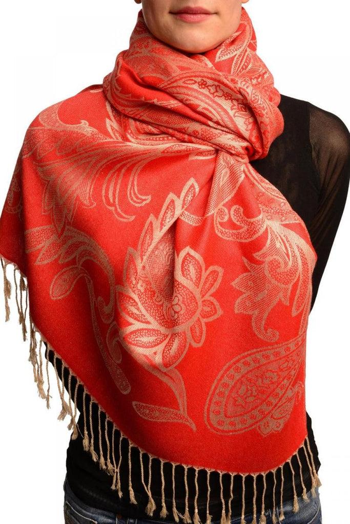 liss kiss Large Paisleys On Red Pashmina Feel With Tassels - Scarf